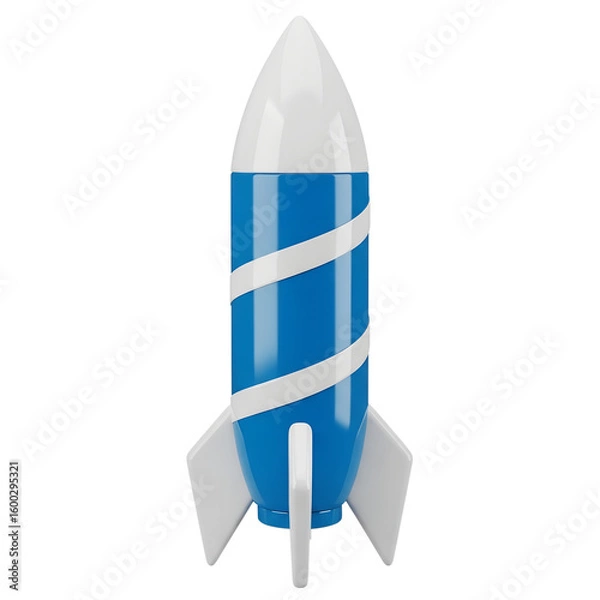 Fototapeta Blue toy rocket with white stripes and fins isolated on a transparent background image png, cut out, clipping path, social media, Advertisement, high quality, HD photo, close up,  web, banner, poster.