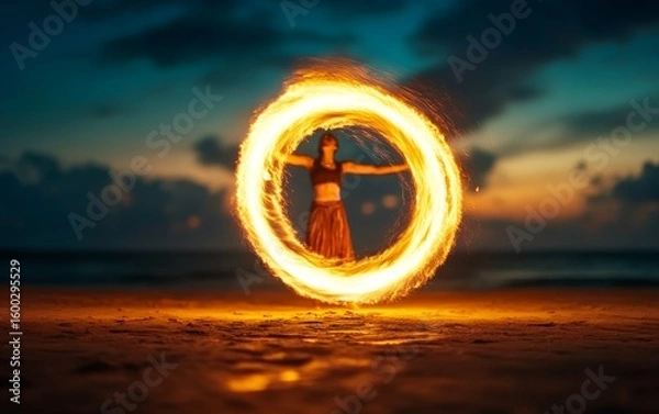 Fototapeta A fire dancer creates a mesmerizing circle of flames on a beach at dusk, showcasing skill and artistry