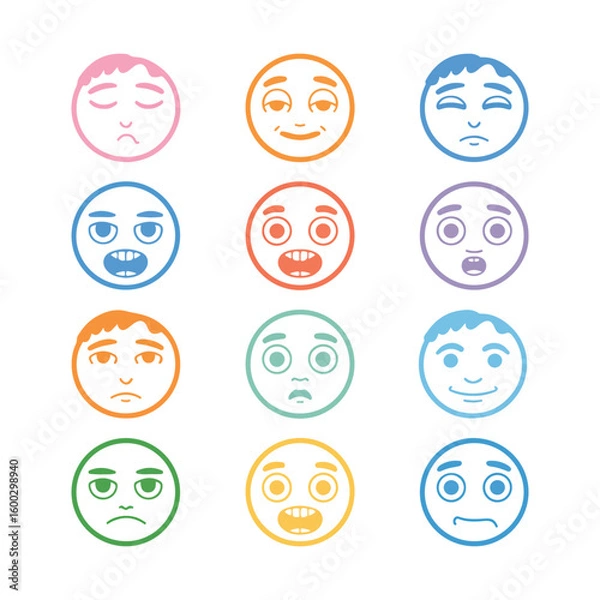 Fototapeta Twelve colorful cartoon faces showing various emotions
