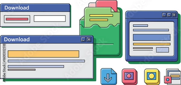 Fototapeta Icons of computers, downloads, and file folders. File management, data transfer, software, organization, digital storage