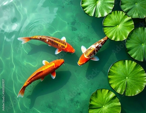 Fototapeta Green frog in a clear river with a leaf, red butterfly, and colorful fish