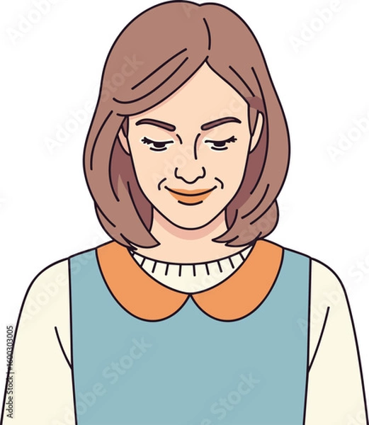 Fototapeta Woman looks down with a slight smile. Illustration of a modest, reserved person, perhaps contemplating something introspective.