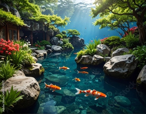 Fototapeta A tranquil Japanese garden in summer, with a vibrant green landscape, pond, and lush trees reflecting the clear sky