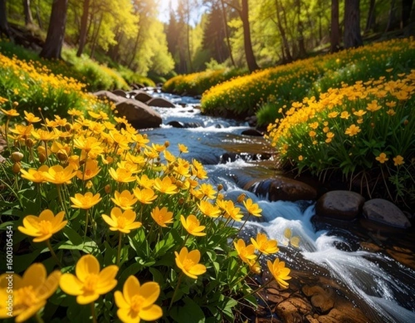 Fototapeta Tranquil river flowing through an autumn forest, reflecting the scenic sky and surrounding trees