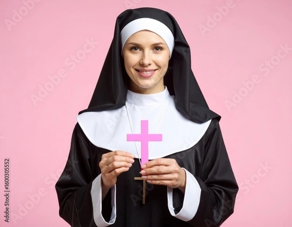 Fototapeta Beautiful young woman with a rosary and cross in hand, a joyous student with a smiling faceBeautiful young woman with a rosary and cross in hand, a joyous student with a smiling face
