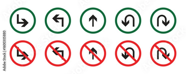 Fototapeta Collection of way sign outline road traffic prohibitions. Traffic Signs Pack Set. left arrow and right go straight arrow painted. direction mark, crossroad.  