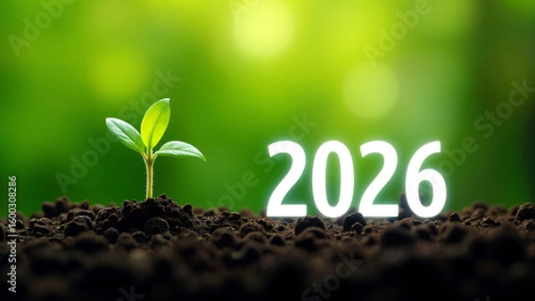 Fototapeta New Year 2026 Sprout Growing in Soil Future Growth Concept