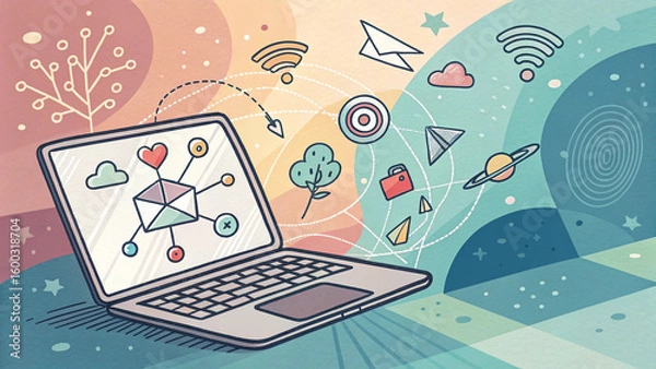 Obraz “Flat style hand-drawn illustration of a laptop with floating app icons around it, abstract background—no text.”

