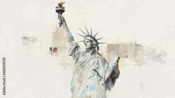 Fototapeta Watercolor style painting of statue holding torch, symbolizing freedom and democracy. artwork features abstract elements and soft color palette, evoking sense of inspiration and hope