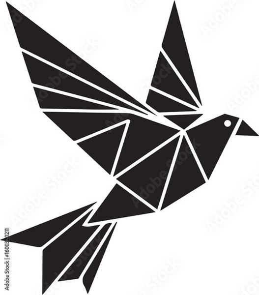Fototapeta Geometric flying dove in a modern origami style. Polygonal black bird symbol of peace, isolated on a white background. Abstract vector art.