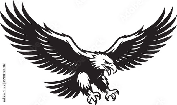Fototapeta Fierce eagle mascot with spread wings in an aggressive landing pose. Vector illustration emblem isolated on a white background.