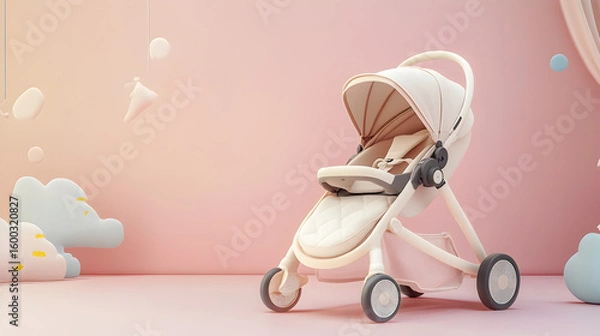 Obraz A modern beige baby stroller with a canopy sits on a pink floor with decorative clouds and hanging shapes