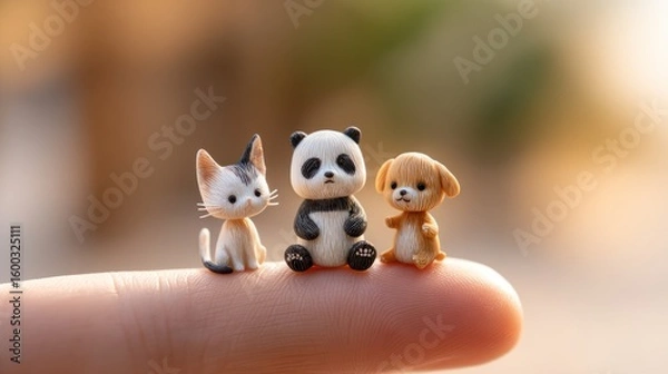 Fototapeta Tiny Companions' Gathering: A delightful trio of miniature figurines, featuring a cat, a panda, and a dog, harmoniously sharing space, offering a glimpse into a world of enchanting charm.