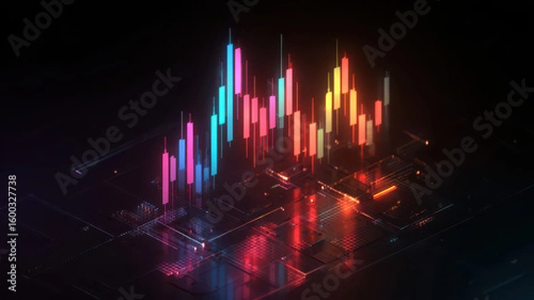 Fototapeta Colorful digital stock market chart, glowing data analytics