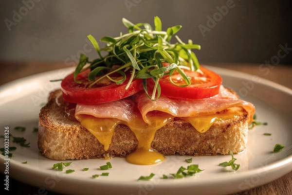 Fototapeta Close-up of a mouth-watering toast with runny egg yolk, layered with ham, ripe tomatoes, and fresh greens. Rich textures and appetizing colors, perfect for culinary content and recipe visuals.