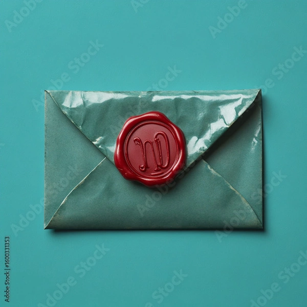 Fototapeta Envelope with Red Wax Seal on Teal Background