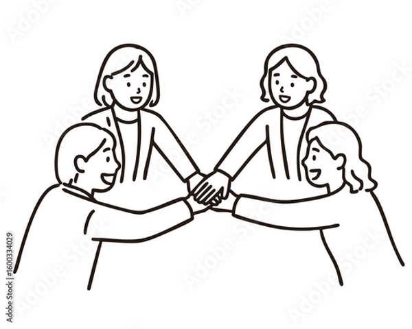 Fototapeta Four female colleagues stacking hands to unite team, minimal line art illustration