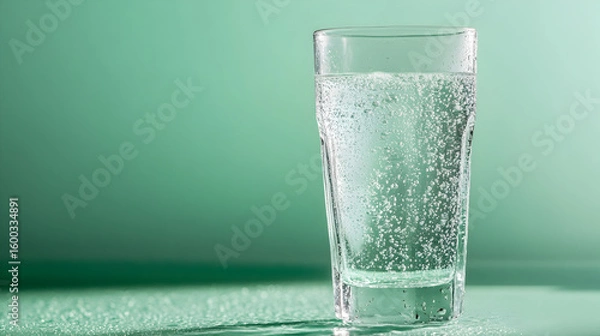 Obraz Tall glass of sparkling water with bubbles on a green background refreshment clear liquid