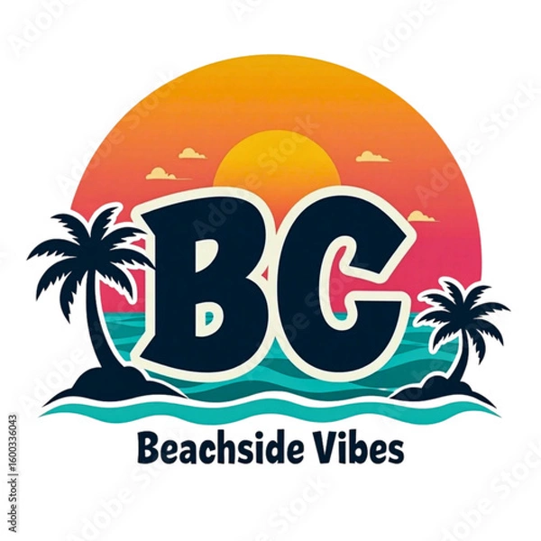 Fototapeta Retro sunset beach scene with palm trees and bc initials beachside vibes