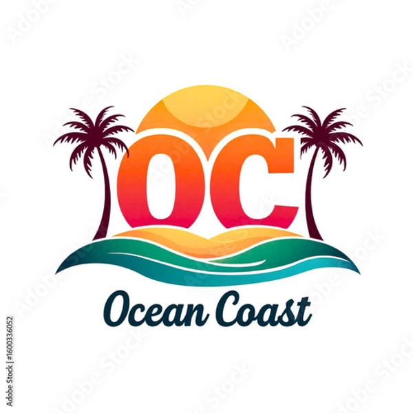 Fototapeta Ocean coast logo with palm trees and sunset over waves