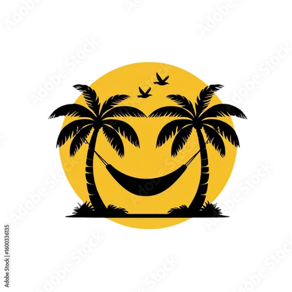 Fototapeta Tropical paradise scene with two palm trees and a hammock under a bright yellow sun