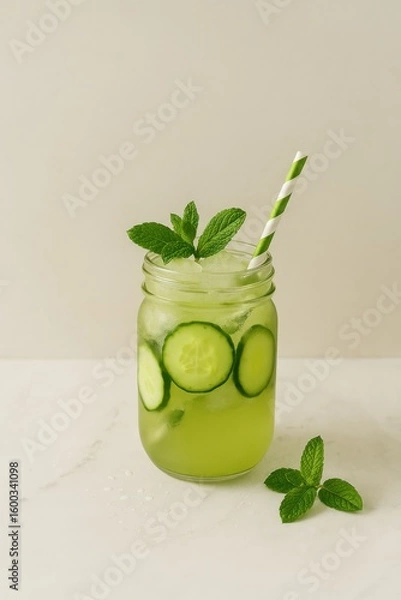 Fototapeta cucumber mint detox jam jar cocktail on marble with paper straw and fresh herbs and space for text concept of wellness drink clean lifestyle visual