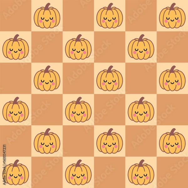 Fototapeta Cute Pumpkins Seamless Pattern on Checkered Background