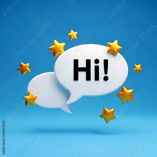 Fototapeta White Speech Bubbles with Golden Stars and Hi Text on Blue Background chat message