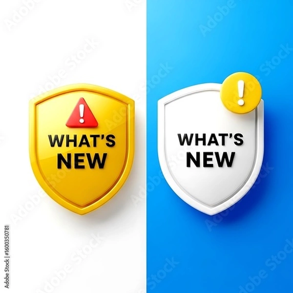 Fototapeta Yellow and white shields with W H A T' S N E W text and exclamation marks what's message