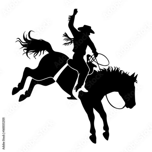 Fototapeta Vector silhouette illustration of a rodeo bucking bronco and rider isolated on white