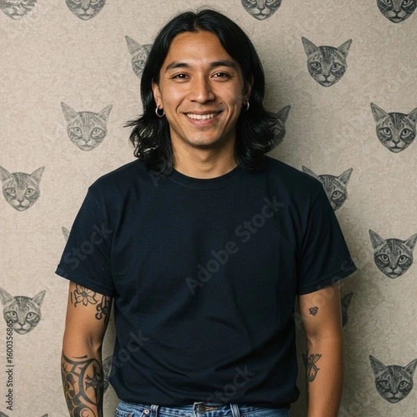 Fototapeta NATIVE AMERICAN, Spanish MAN SMILING STANDING AGAINST A WALLPAPERED WALL. WEARING A BLANK BLACK T-SHIRT. background, happy, standing, confident, face, expression, pose, urban, fashion, model, ethnic