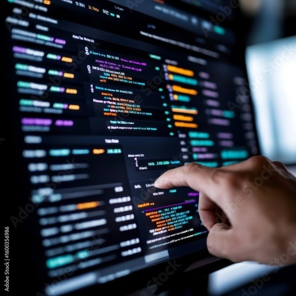 Fototapeta Finger Tapping Code Programmer Working on Screen, Programming , Coding