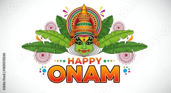 Fototapeta happy onam greeting with colorful kathakali dancer face banana leaves mandala and festive elements for indian cultural celebration and traditional religious event