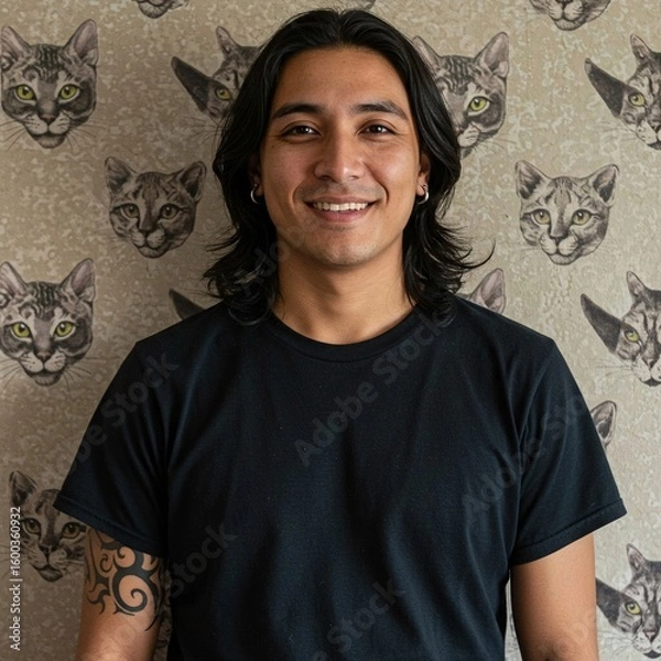 Fototapeta NATIVE AMERICAN, Spanish MAN SMILING STANDING AGAINST A WALLPAPERED WALL. WEARING A BLANK BLACK T-SHIRT. background, happy, standing, confident, face, expression, pose, urban, fashion, model, ethnic