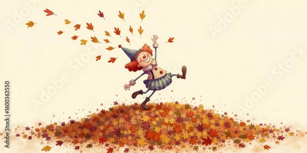 Fototapeta Cartoon clown playing in autumn leaves with a joyful expression  