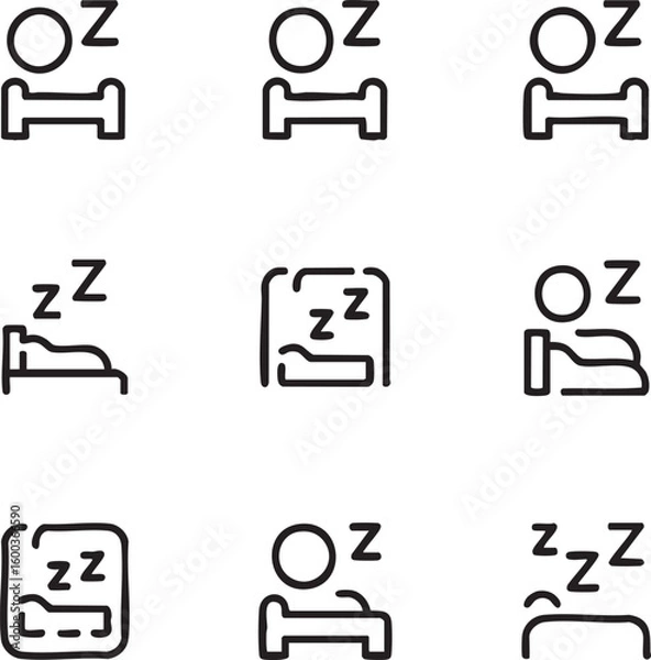 Fototapeta Sleep and rest vector icon set outline style,editable bed,sleeping,zzz,dream,pillow,sleepy,bedroom,night,bedtime,nap