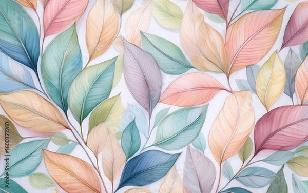 Fototapeta Pastel Leaf Repeating Pattern, Soft Watercolor Design background