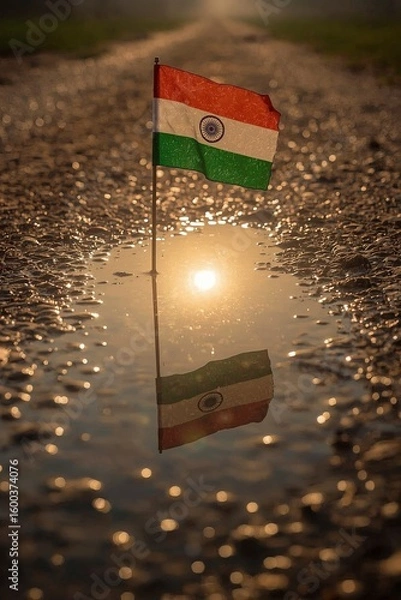 Fototapeta Quiet Morning Reflection of Indian Flag in Water Puddle with Dew-Covered Ground and Rising Sun
