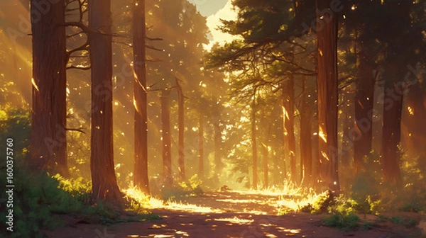 Fototapeta Beautifully lit forest path through tall trees, golden sunlight streaming down, enchanted forest