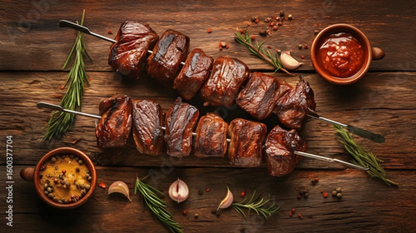 Fototapeta Roasted meat skewers on rustic wooden table, juicy texture, appetizing photo