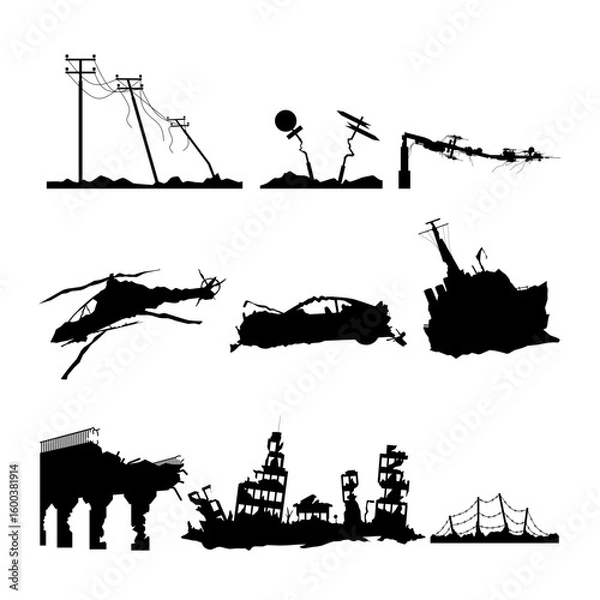 Fototapeta Flat vector destroyed icon set for apocalypse, war theme projects