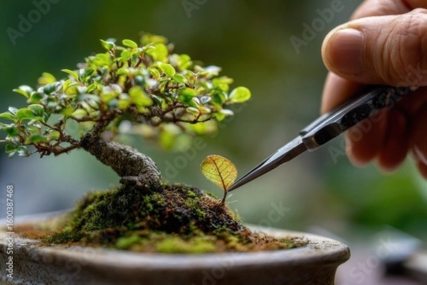 Obraz Hand trims bonsai leaf