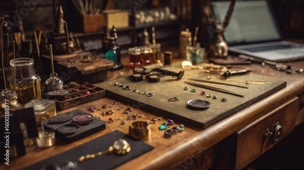 Obraz Jewelry workbench, tools, gems