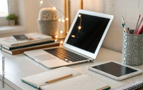 Obraz A stylish desk in a trendy aesthetic study style: neatly organized items with a thoughtful composition