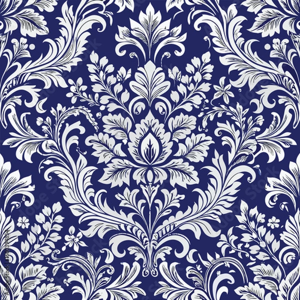 Obraz Seamless legant white damask floral pattern on a deep royal blue background creating a classic and luxurious aesthetic