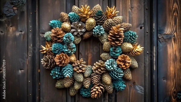 Obraz Rustic Pinecone Wreath on Minimalist Black Door