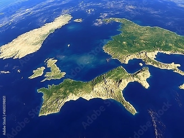 Fototapeta A rendered satellite view of several landmasses surrounded by ocean