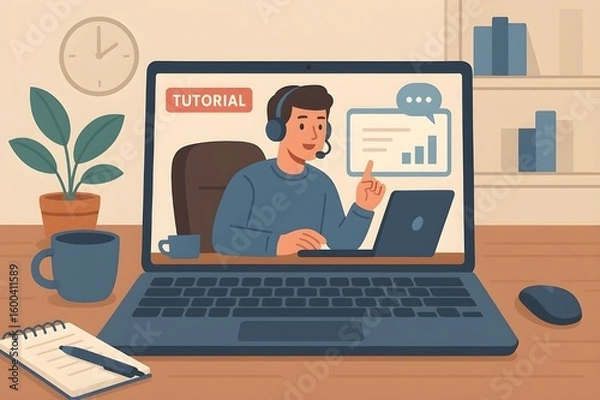 Fototapeta Flat Illustration of an Online Tutorial Instructor Teaching via Laptop in Home Office Setup