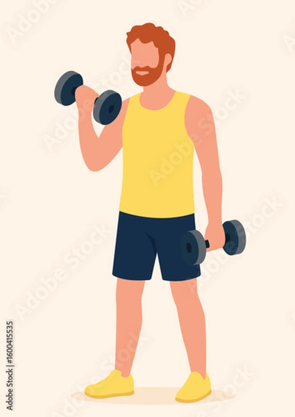 Obraz Man lifting dumbbell in flat vector. Flat design bicep curl illustration. Dumbbell bicep curl in flat style.