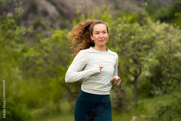 Fototapeta Portrait of young smiling woman running jogging in mountains in daylight, doing sports exercises in nature, wearing activewear leggings and long sleeve, outdoor activities in summertime